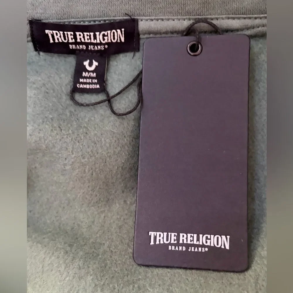NWT True Religion Collared Patch Fleece Varsity Jacket, green/ black sz Medium
